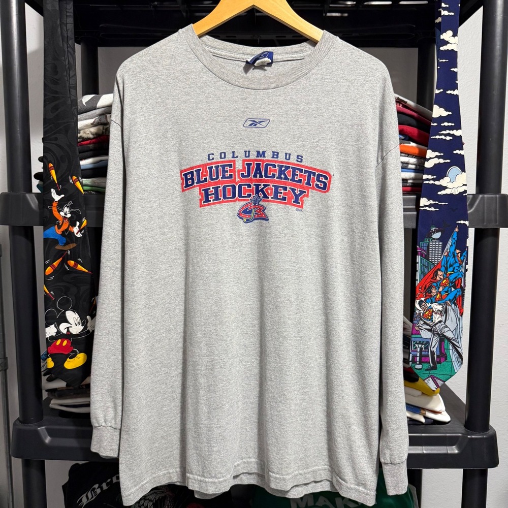 Reebok Long Sleeve Shirt Columbus Blue Jackets Hockey XL Grey Minor Thrashing